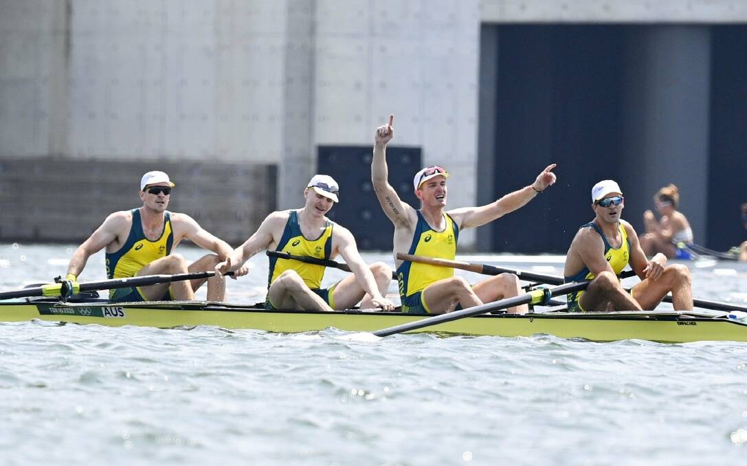 CHAMPIONS: Spencer Turrin, second from left, and the Aussie men's fours after winning Wednesday's Olympic final in Tokyo. Picture: Kyodo via AP Images