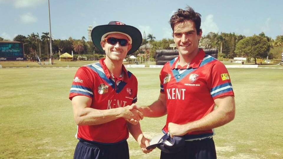 MOMENT: Hunter cricketer Grant Stewart (right) receives a Kent cap ahead of his List A debut on tour in the West Indies. Picture: Kent County Cricket Club website