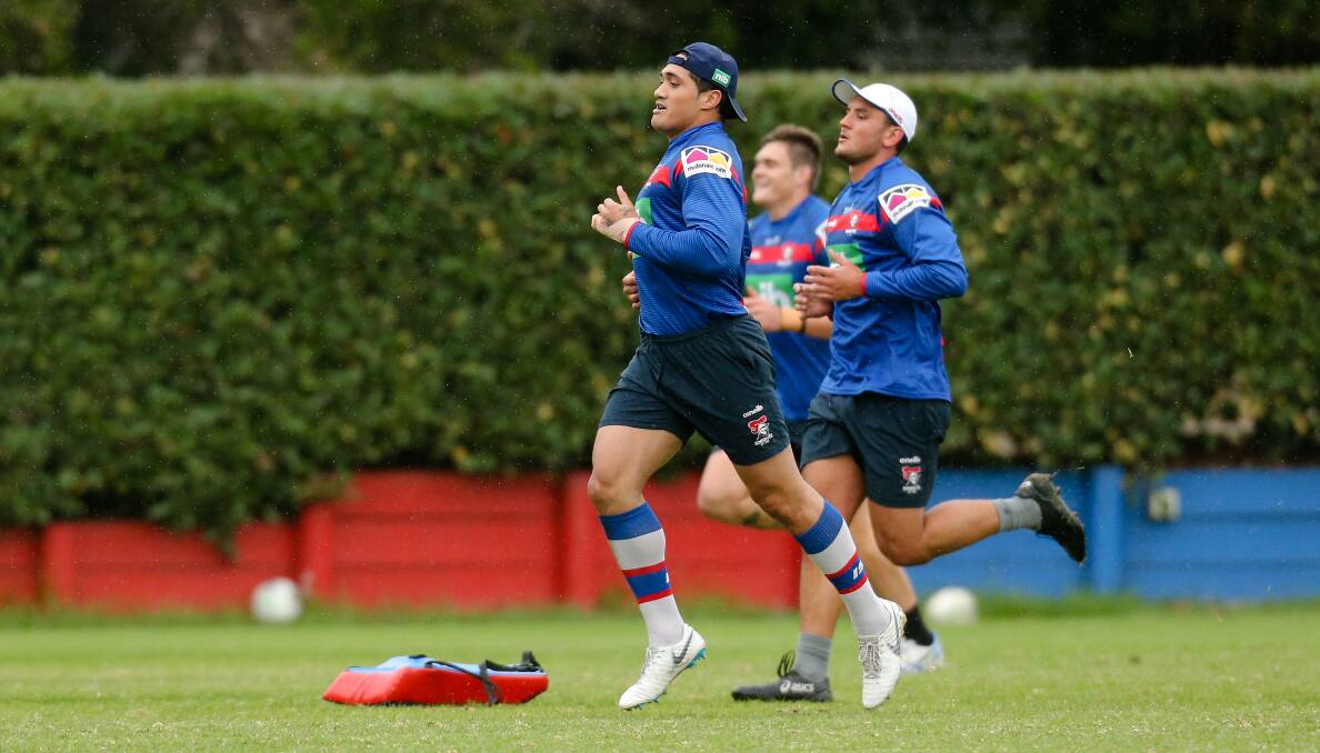 RUNNING FREE: Newcastle Knights player Sione Mata'utia at training on Monday. Picture: Max Mason-Hubers