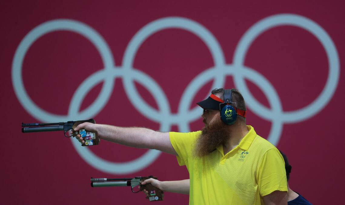 AIM: Cessnock shooter Dan Repacholi during the preliminary round of the men's 10m air pistol at the Tokyo Olympics on Saturday. Picture: Sergei Bobylev/TASS/Sipa USA