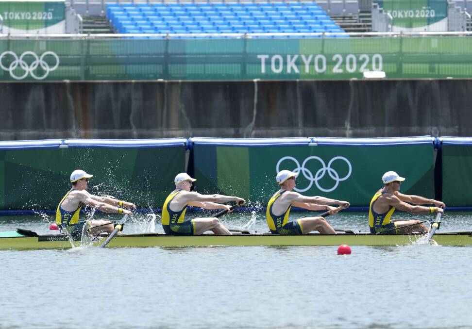 PACE: The Aussie men's four team at the Olympics in Tokyo on Saturday. Picture: AP Photo/Lee Jim-man