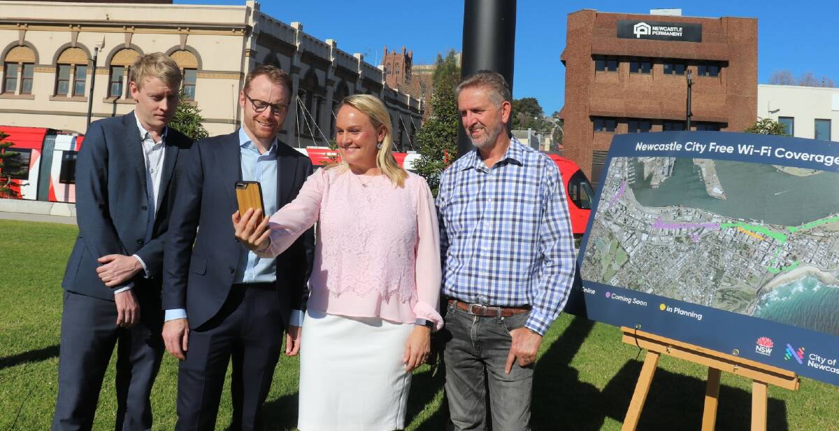 WI-FI LAUNCH: Lord Mayor Nuatali Nelmes was joined by Nick Brown and Rick Fancourt from Countrytell, as well as Brett Woods from CSA.