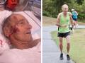 Swansea resident John Mclain in hospital (left) after the incident and doing what he loves most (right). Pictures supplied 