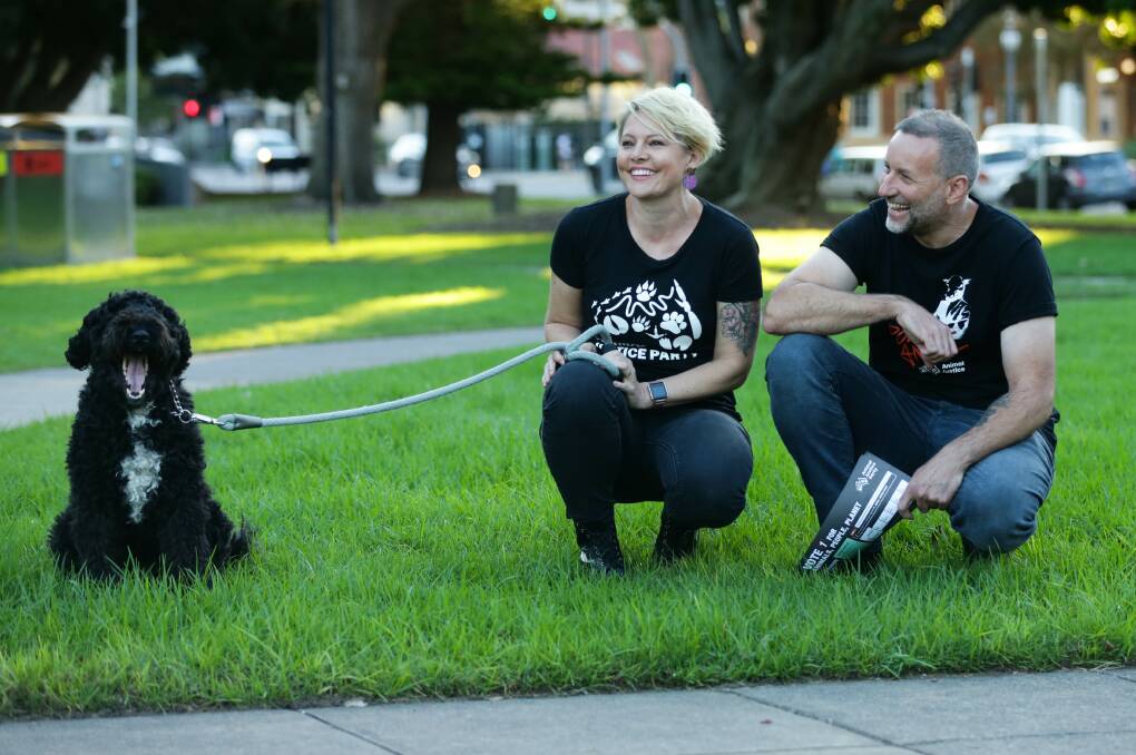 CAMPAIGN TRAIL: Animal Justice Party candidates and husband and wife team Emily and Darren Brollo with Gordon the dog. Photo: Jonathan Carroll 