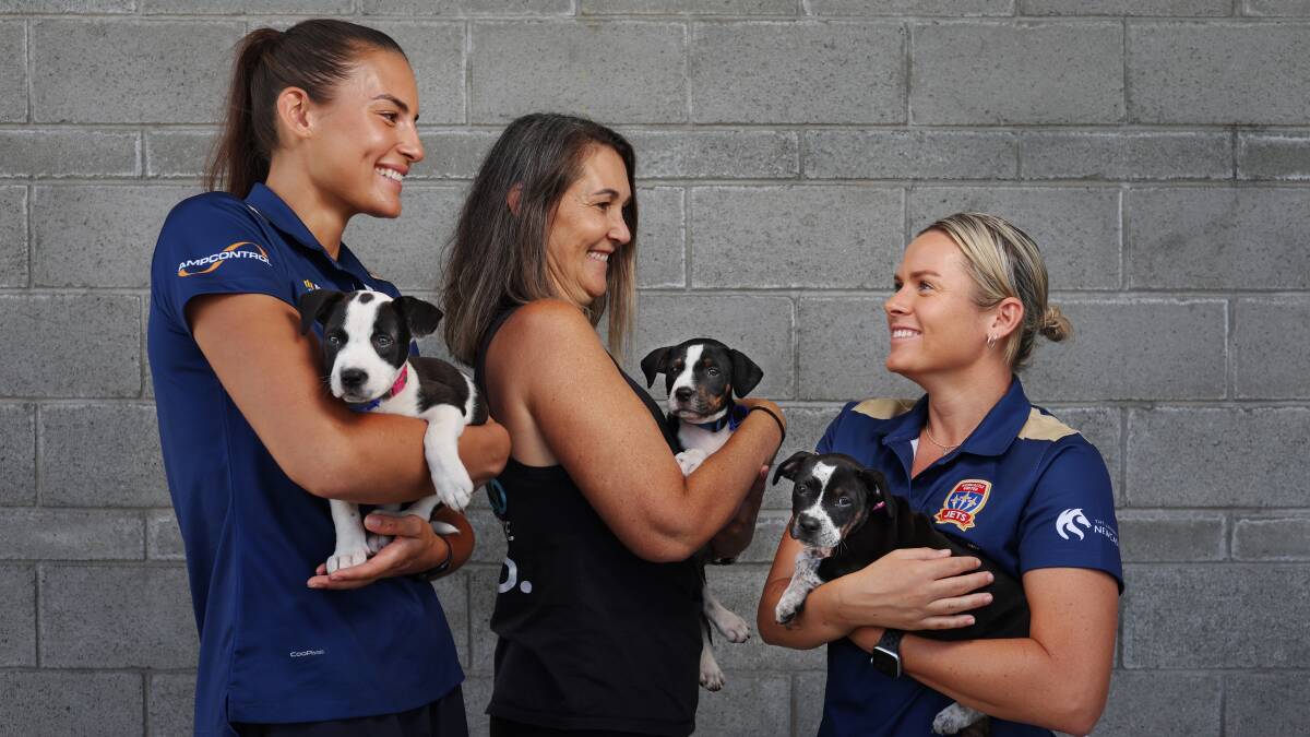 Newcastle Jets W-League player Isabel Nino, Dog Rescue Newcastle's Beth Abrahams and fellow player Cassidy Davis with puppies that will be walked onto the field on Sunday and can be adopted. Picture by Simone De Peak