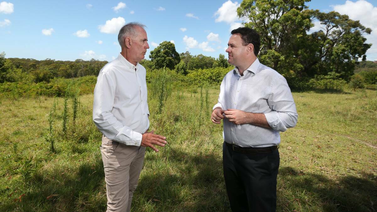 Lake Macquarie MP Greg Piper with then Minister for Sport Stuart Ayres at the Morisset site for the new centre in January 2022. Picture by Simone De Peak