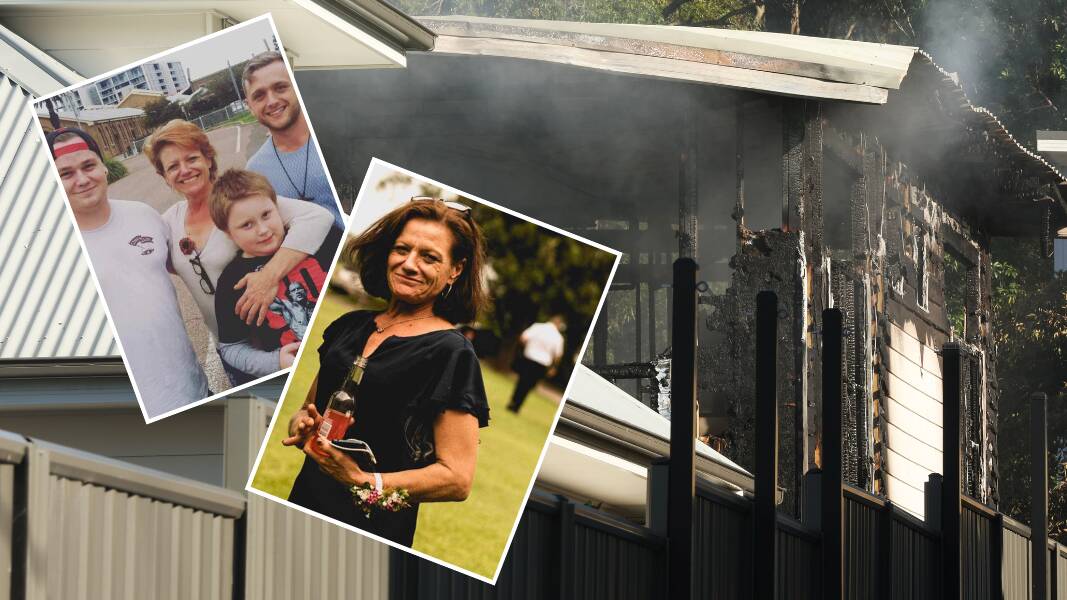 Patricia Kerr (inset) with her three sons Zachary Kuyltjes, Lachlan and Jason, is still missing after a fire at Teralba.