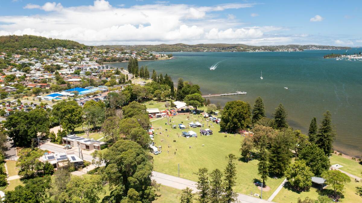 An aerial view of the Lake Mac Festival set up at Speers Point Park. 