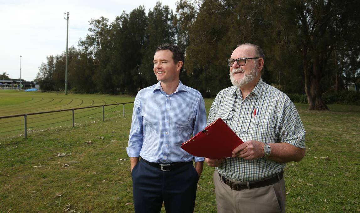 Lake Macquarie deputy mayor Adam Shultz and Marks Point resident Robert Bowne at Baxter Field. Picture by Simone De Peak 