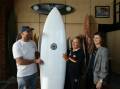 INNOVATIVE: JCD Surfboards owner Jamie Carr, Year 12 student Georgia King and her project teacher Louise Hemsworth. Picture: Jonathan Carroll 