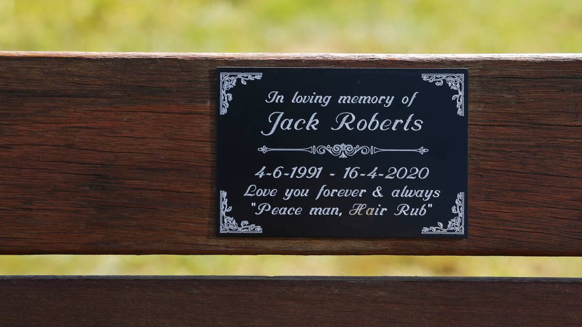 The plaque on the back of Jack Roberts' memorial chair. Picture by Simone De Peak