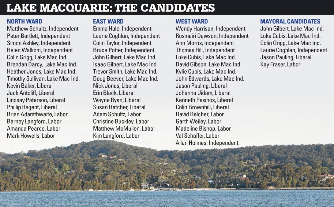 THE LINE-UP: The field of candidates for Saturday's Lake Macquarie council election ... six candidates are in the running for the mayor's job.