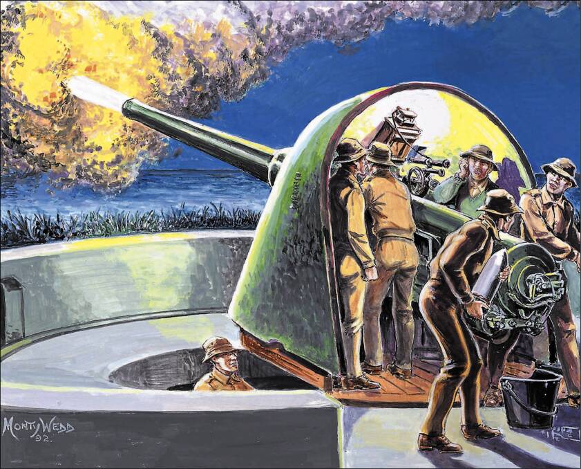 An illustration of Fort Scratchley's guns firing back at the submarines. Artwork: Monty Wedd