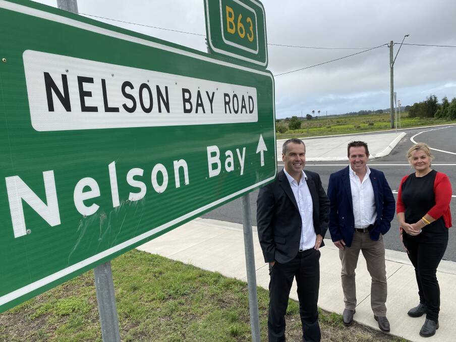 ON THE ROAD: Port Stephens mayor Ryan Palmer, Paul Toole and Transport for NSW's Anna Zycki. The state government said in early 2019 the project would take two years.
