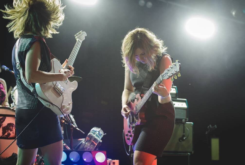 ROCKING OUT: Guitarists Carrie Brownstein and Corin Tucker at Golden Plains 2016. Picture: Theresa Harrison/Golden Plains