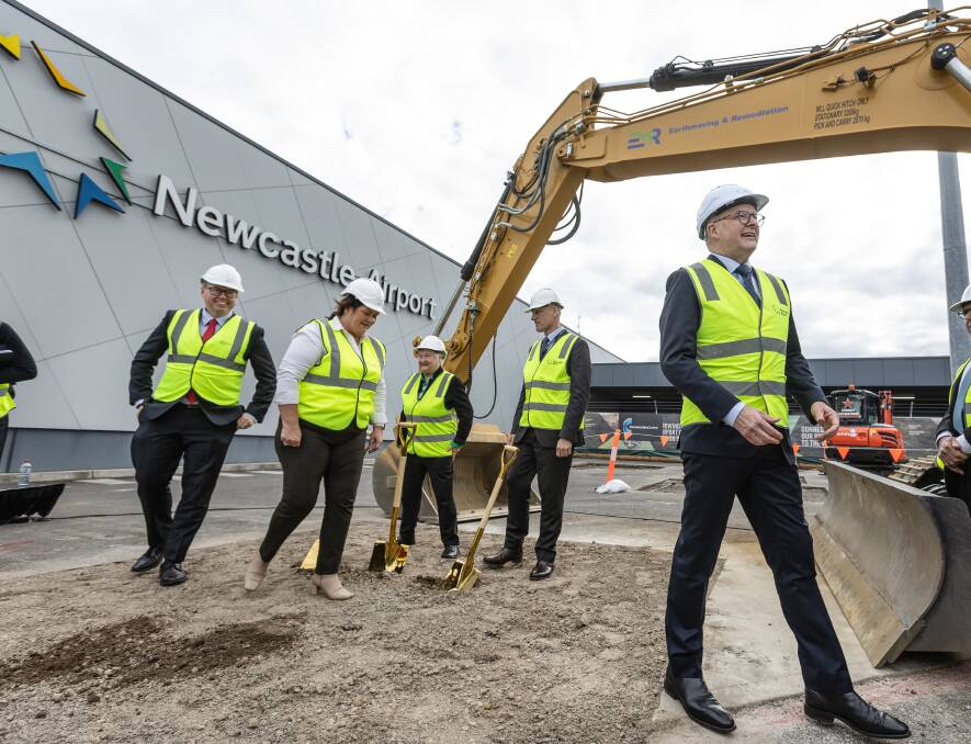 Prime Minister Anthony Albanese, right, was in Williamtown last week for the beginning of Newcastle Airport's $110 million upgrade. Picture by Marina Neil