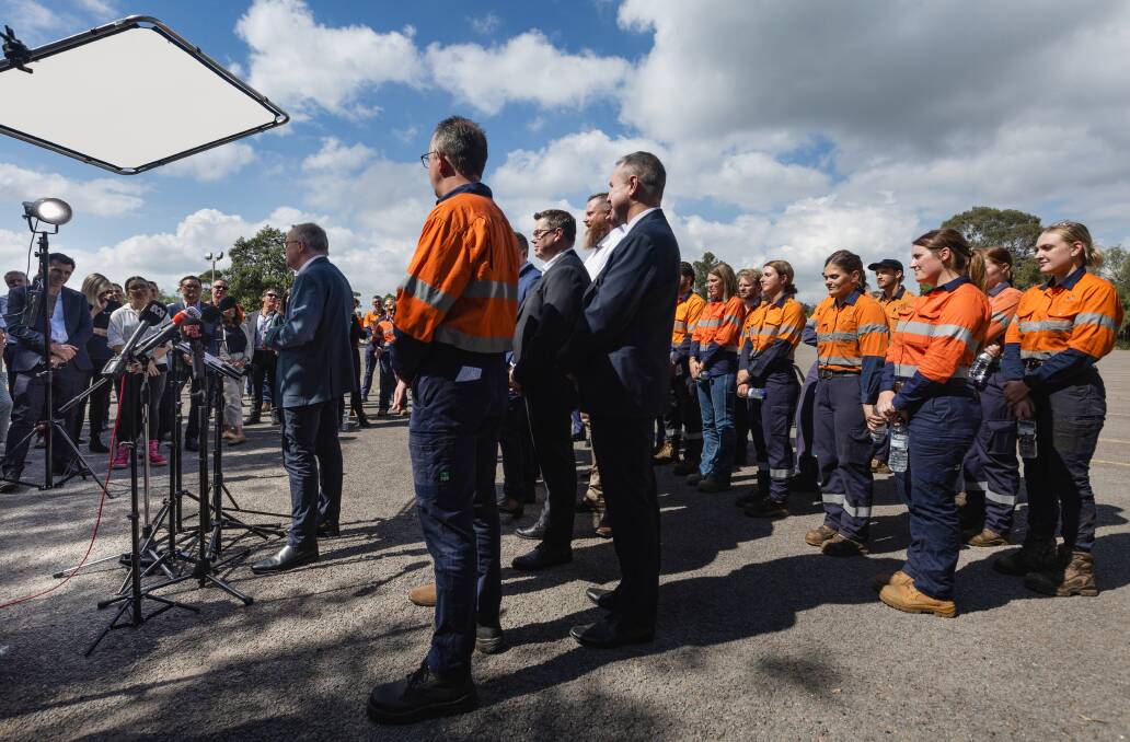 Prime Minister Anthony Albanese at the former Liddell power station site announcing a $1 billion investment into solar. Picture by Marina Neil