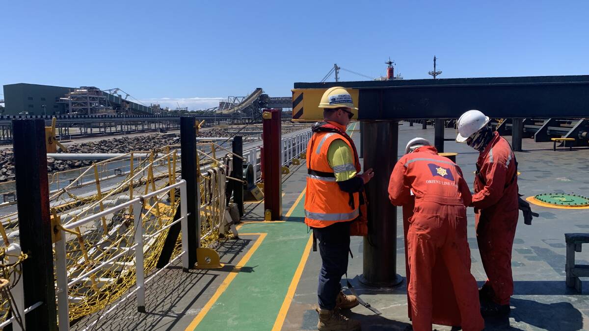 A scene on board the Costanza at NCIG's Kooragang 10 wharf on Wednesday. 
