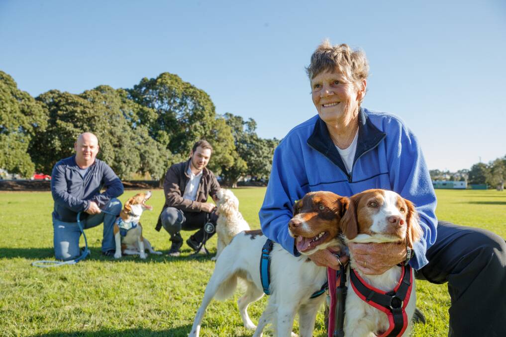 DOGGED: Lambton resident Mark Brooker, deputy mayor Declan Clausen with his dog Toby, and Mary Webster from Lambton Residents Group with Jem and Scout. Picture: Max Mason-Hubers