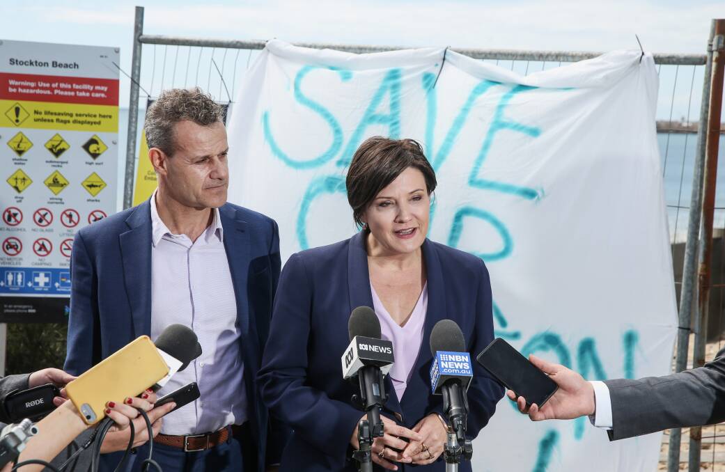 SERIOUS: Newcastle MP Tim Crakanthorp and NSW Opposition Leader Jodi McKay at Stockton in September last year. Picture: Marina Neil