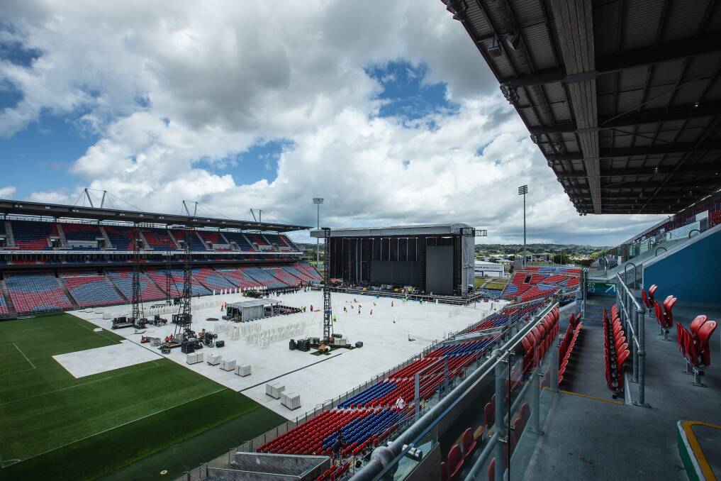 The stage set up ahead of two Elton John shows at McDonald Jones Stadium earlier this year. Picture by Marina Neil