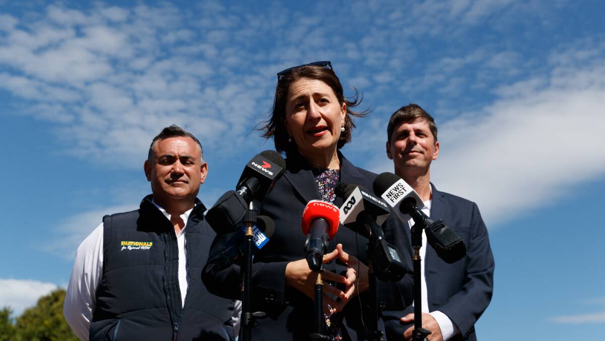 ON THE HUSTINGS: NSW Premier Gladys Berejiklian and deputy premier John Barilaro in Singleton alongside Nationals by-election candidate David Layzell.