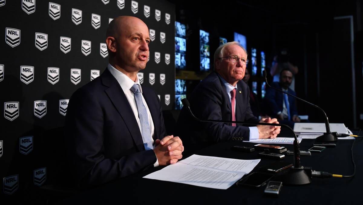 TACKLING IT: Australian Rugby League Commission Chairman Peter Beattie (right) and NRL Chief Executive Todd Greenberg announced the stand down policy last month.