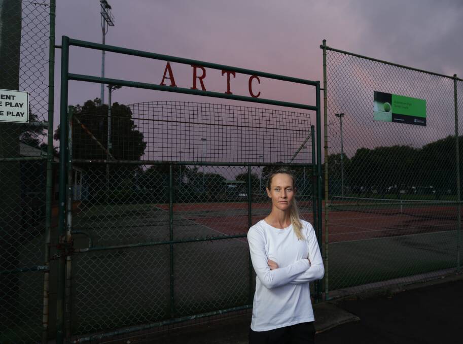 FAIR PLAY: Leading Newcastle tennis player Emma Pollock outside Adamstown tennis courts, where she is not allowed to be a member. Picture: Jonathan Carroll