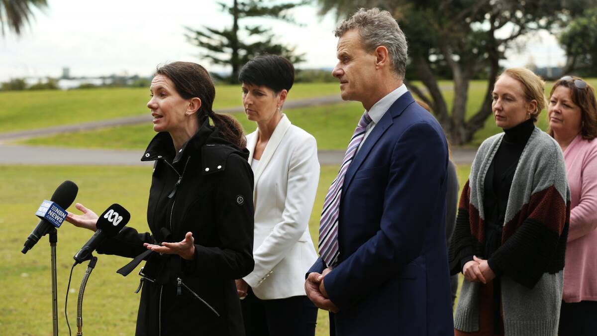 Rose Jackson, Kate Washington and Tim Crakanthorp at a media conference in August 2022 calling on the then Coalition government to use the Stockton Centre for crisis accommodation. Picture by Simone De Peak