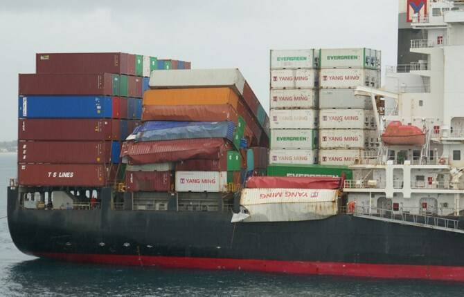 DAMAGE: Buckled containers aboard the YM Efficiency after it lost part of its cargo off the Hunter. Picture: ATSB