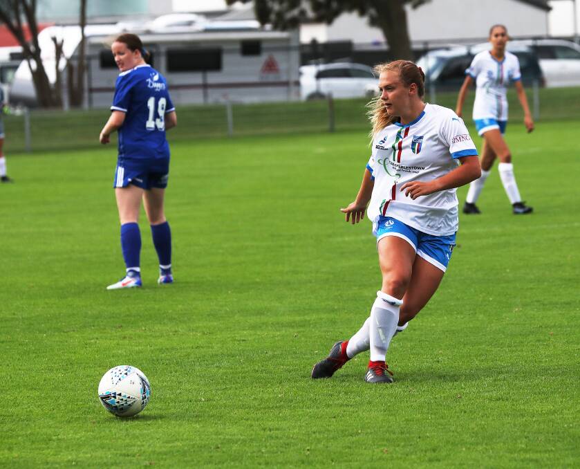 Summer Taube was solid in midfield for Charlestown as they took an important 1-0 win over Newcastle Olympic in round eight. Picture: Peter Lorimer