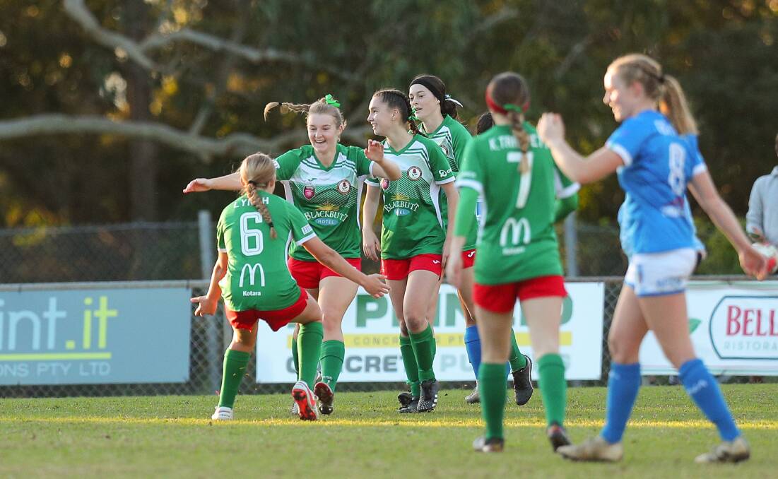 CONFIDENCE BOOST: Adamstown celebrate a goal in their come-from-behind win over Charlestown last weekend. Picture: Max Mason-Hubers