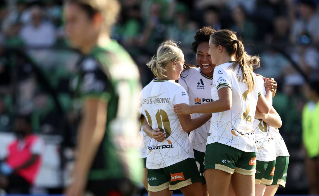 The Jets celebrate Sarina Bolden's goal at Regional Football Facility in Tarneit on Sunday. Picture Getty