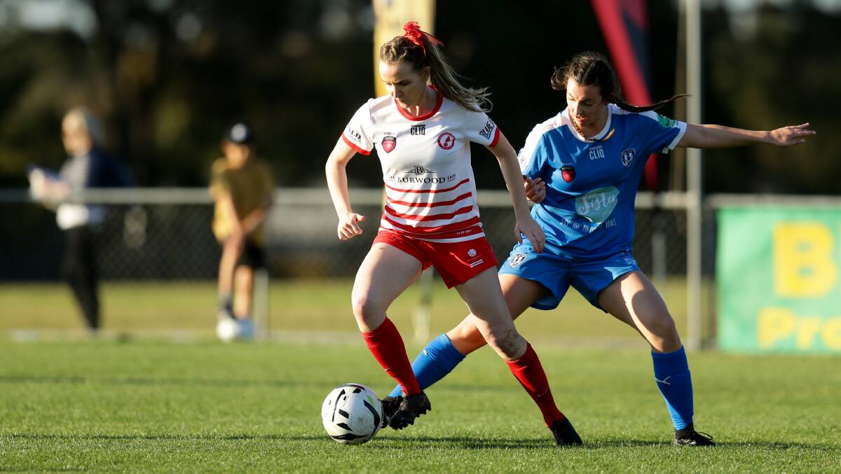 UNSURE: W-League striker Rhali Dobson, pictured in action for Merewether in last year's WPL grand final, may not play this campaign. Picture: Jonathan Carroll