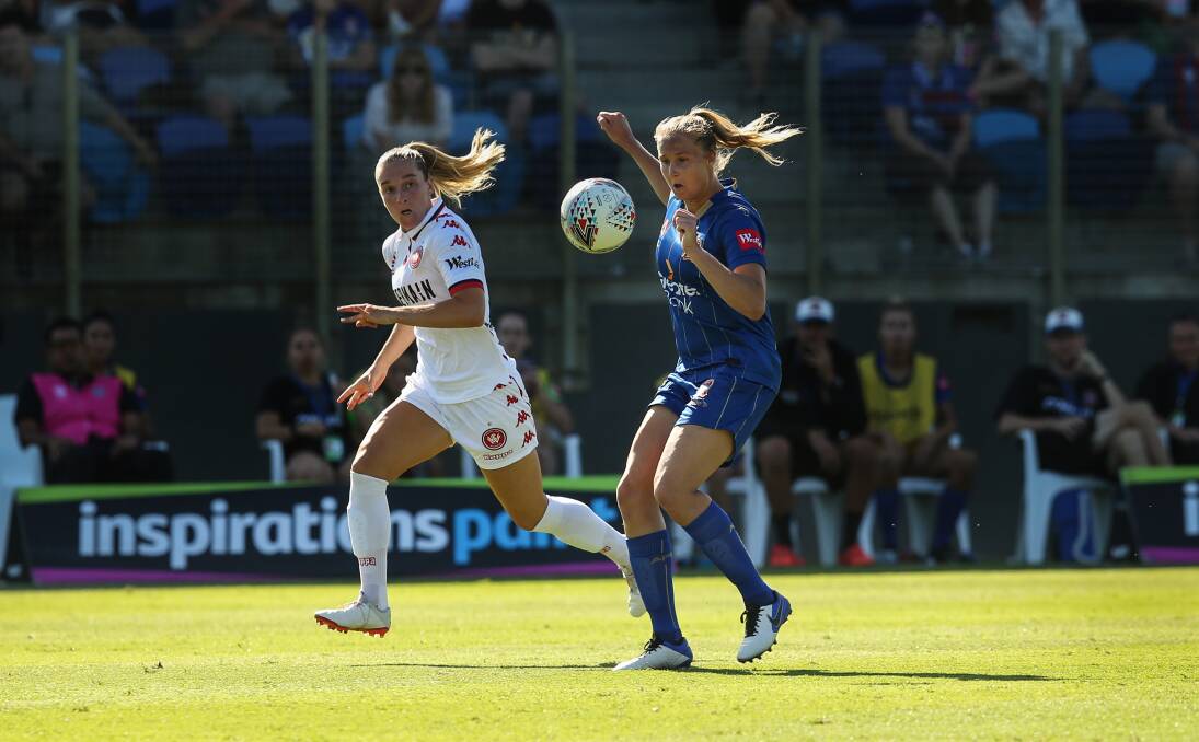 IN FORM: Jets striker Tara Andrews in action at No.2 Sportsground last Saturday as Newcastle downed Western Sydney 4-1. She scored her fourth goal in as many matches. Picture: Marina Neil