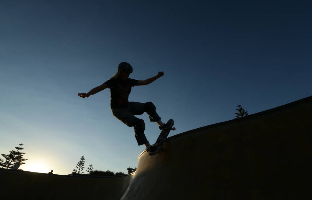 Poppy Starr Olsen at Bar Beach Skate Park last week before she flew to the United States. Picture: Jonathan Carroll