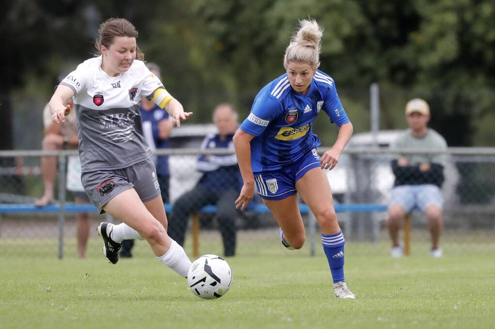 HARD TO STOP: Newcastle Olympic striker Jemma House, right, scored 33 goals in 16 appearances in the 2020 Herald Women's Premier League. Picture: Valentine Sports Photography