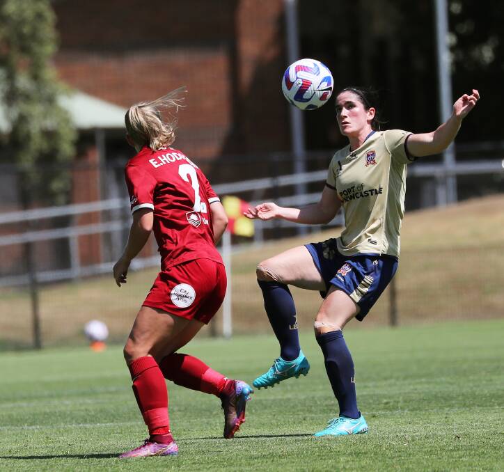 Newcastle Jets striker Lauren Allan on the attack against Adelaide United at No.2 Sportsground on Saturday. Picture by Peter Lorimer