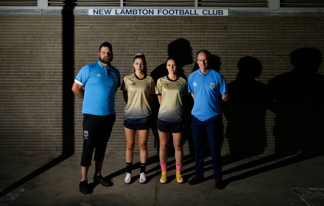 REBUILDING: From left, New Lambton WPL head coach Greg Lowe with key signings Georgia Minors and Adriana Jones and Eagles WPL general manager Andy Roberts. Picture: Jonathan Carroll 
