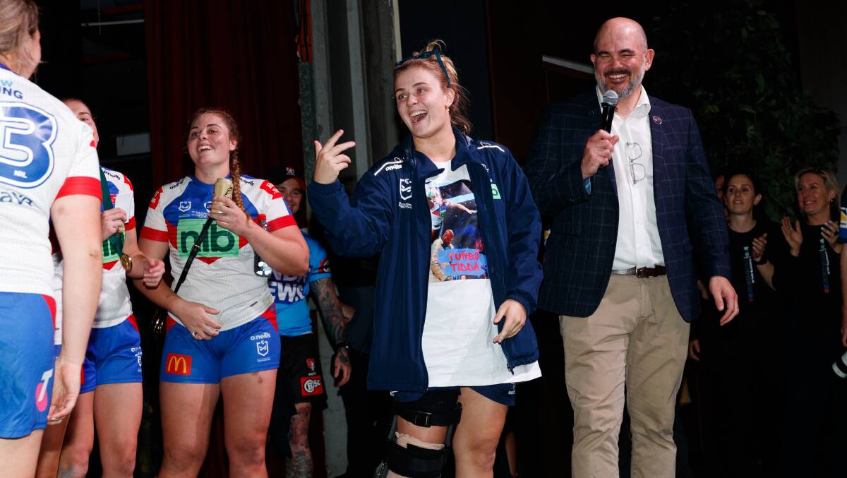 An injured Hannah Southwell at the Knights' post-grand final celebrations after claiming the NRLW premiership in October last year. Picture by Max Mason-Hubers
