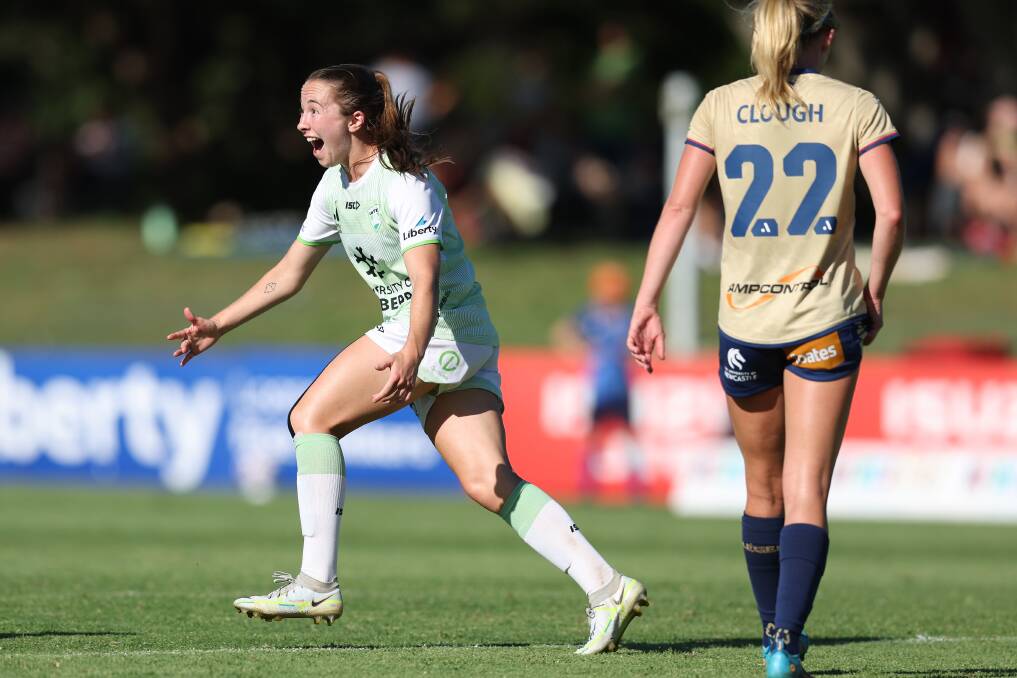 Canberra's Laura Hughes celebrates after breaking the deadlock and sparking victory over Newcastle at No.2 Sportsground on Sunday. Picture Getty Images