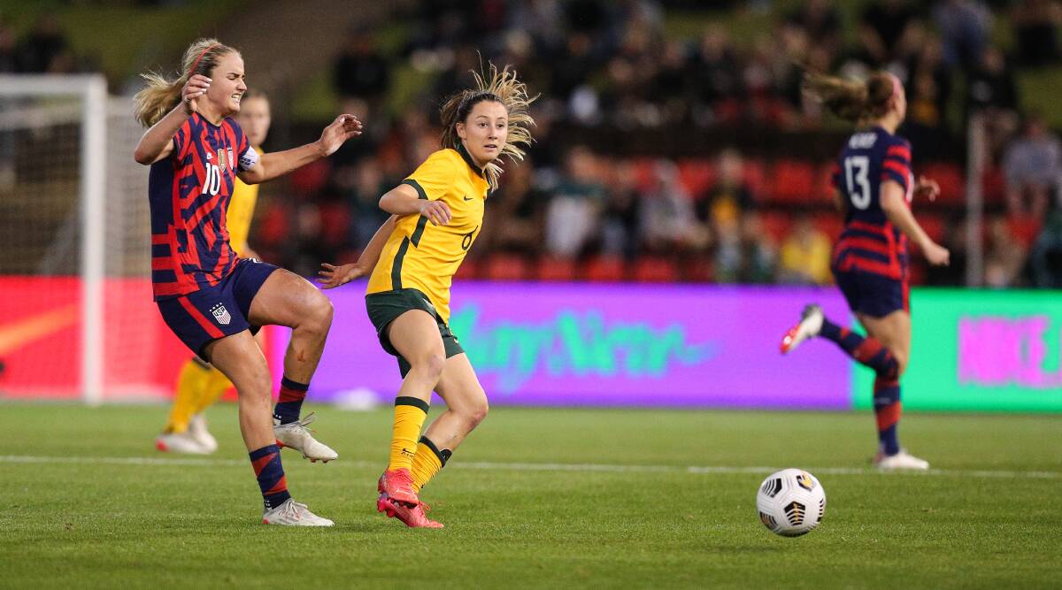 Newcastle's Clare Wheeler, pictured in action against the USA at McDonlad Jones Stadium in November, made her starting debut for the Matildas on Friday night. Picture: Max Mason-Hubers