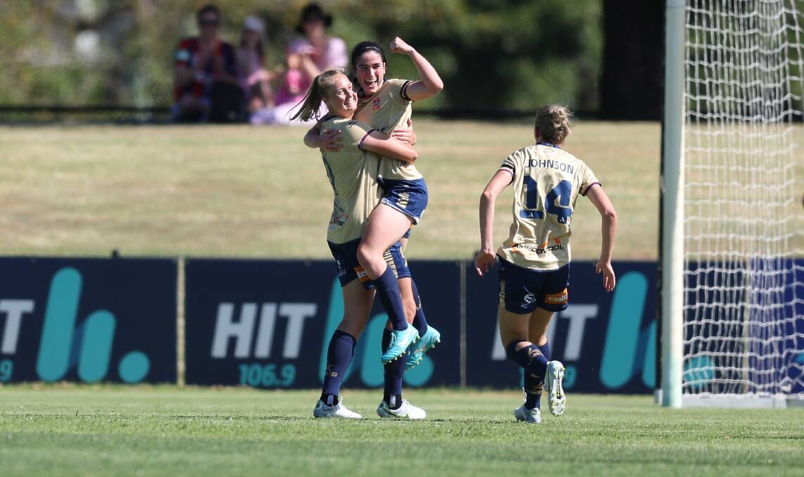 The Jets celebrate a goal in their 2-2 draw with Perth at No.2 Sportsground on Saturday. Picture Getty Images