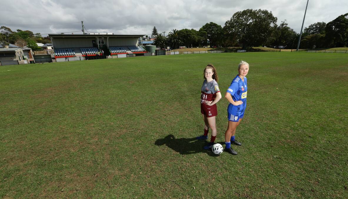 GROUND CHANGE: Warners Bay centre-back Elly Cook, left, and Newcastle Olympic captain Sophie O'Brien at Adamstown Oval on Wednesday before the discovery of a plovers' nest ruled the ground out for the Herald WPL grand final. Picture: Jonathan Carroll