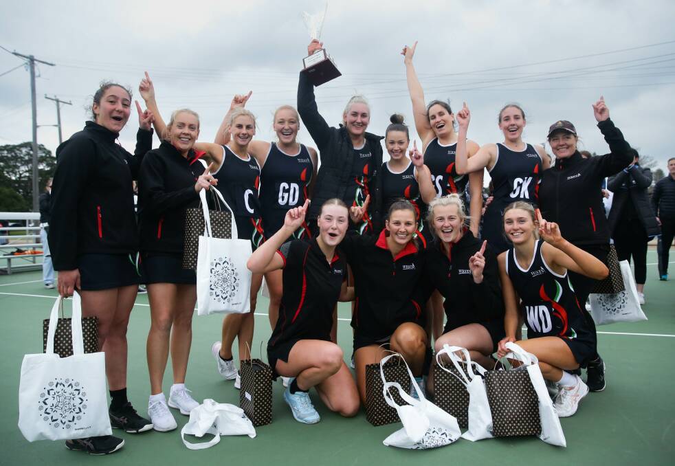 West Leagues Balance celebrate their win in the Newcastle championship netball grand final at National Park on Saturday. Picture by Jonathan Carroll