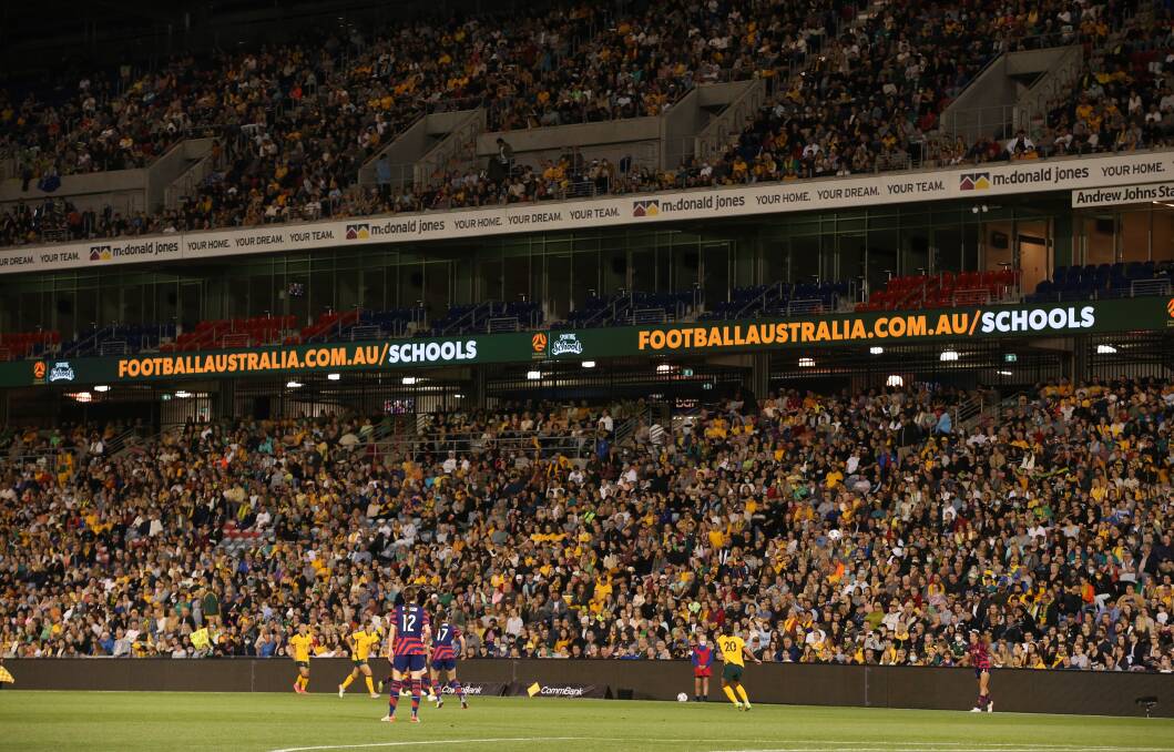 A Newcastle record crowd for a Matildas match of 20,495 turned out at McDonald Jones Stadium to watch them take on the USA on Tuesday night. Picture: Max Mason-Hubers