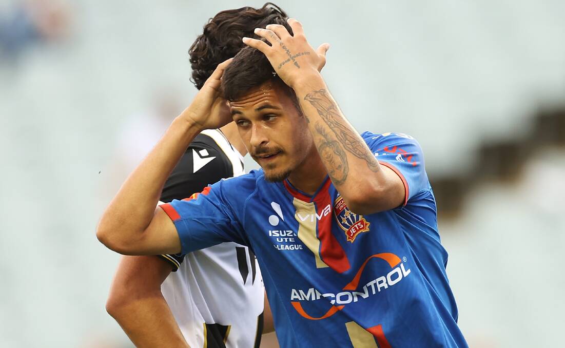 The frustration shows for Newcastle Jets' Riley Warland in a 2-1 loss to Macarthur at Campbelltown Stadium on Sunday. Picture: Getty Images