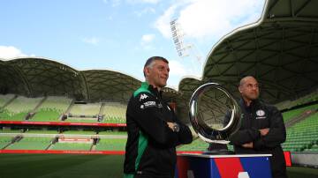 Western United coach John Aloisi and Melbourne City coach Patrick Kisnorbo ahead of the A-League Grand Final at AAMI Park on Friday. Picture: Getty Images

