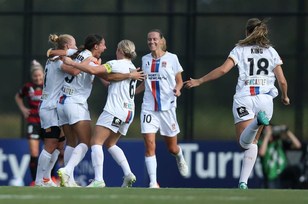 GOAL: The Newcastle Jets celebrate Tiana Jaber's first-half goal against Western Sydney Wanderers at Blacktown on Friday. Picture: Getty Images