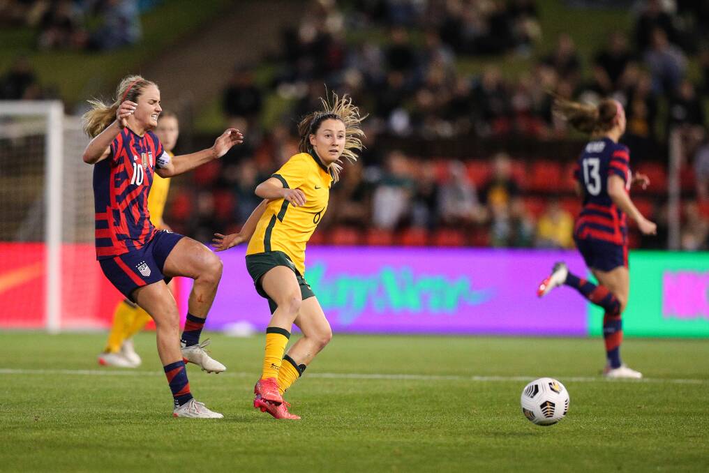 IMPACT: Newcastle's Clare Wheeler came off the bench for the Matildas with four minutes of play remaining on Tuesday night and produced a crucial play to help seal a draw with the USA at McDonald Jones Stadium. Pictures: Max Mason-Hubers